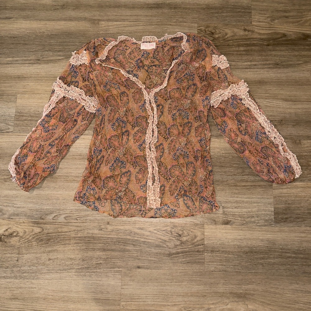 Miss June Paris Tatum Blouse Paisley Lurex Crochet Lace Trim Boho Pink Orange